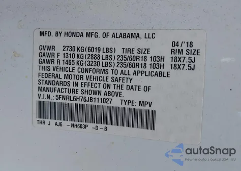 2018 Honda Odyssey Ex-L from USA, damaged, VIN 5FNRL6H76JB111027